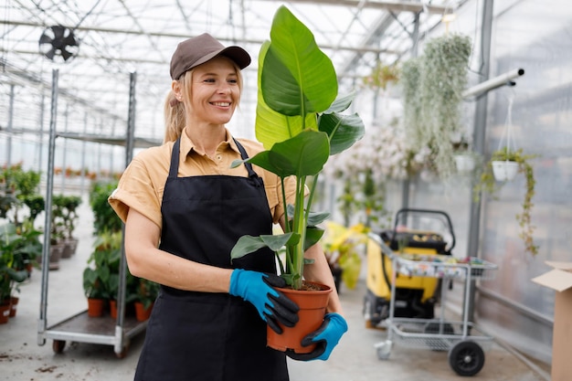 Portrait of a beautiful middleaged woman with a flowerpot in the garden center