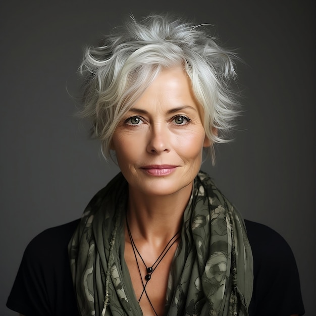 Portrait of a beautiful middleaged woman with short grey hair with scarf on dark grey background