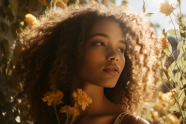 Портрет красивой женщины смешанной расы с кудрявыми коричневыми волосами на солнце в поле