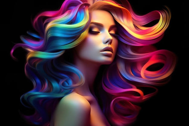 Portrait of a beautiful model girl with multicolored wavy hair professional sketch made with color