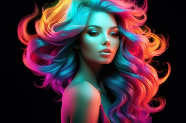 Portrait of a beautiful model girl with multicolored wavy hair professional sketch made with color