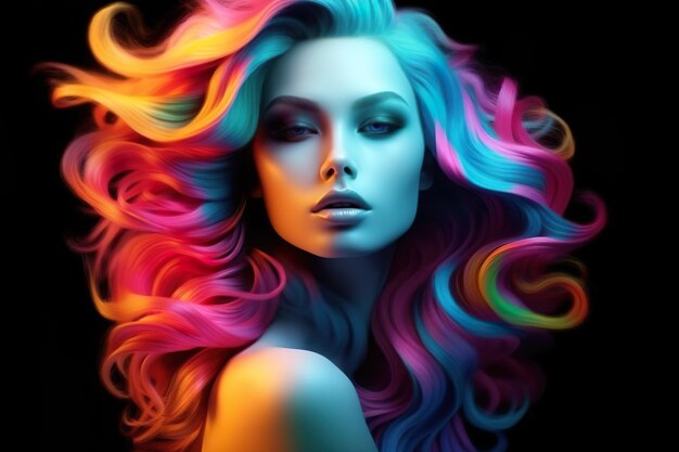 カラーで作られた色とりどりのウェーブのかかった髪のプロのスケッチを持つ美しいモデルの女の子の肖像画