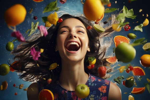 Portrait of a beautiful model with fresh exotic fruits Skin and hair product A vibrant scene of a young woman enjoying healthy food in the background air Ai generated