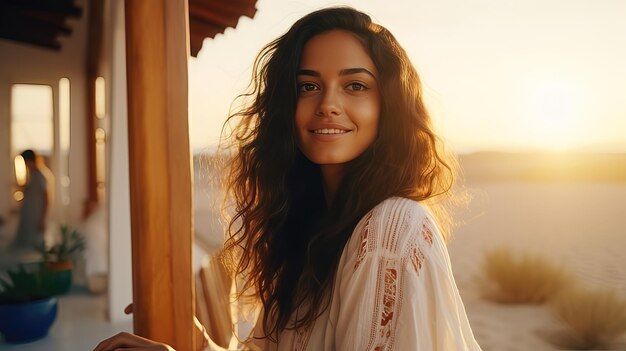 Portrait of a beautiful Moroccan girl against the backdrop of sunset