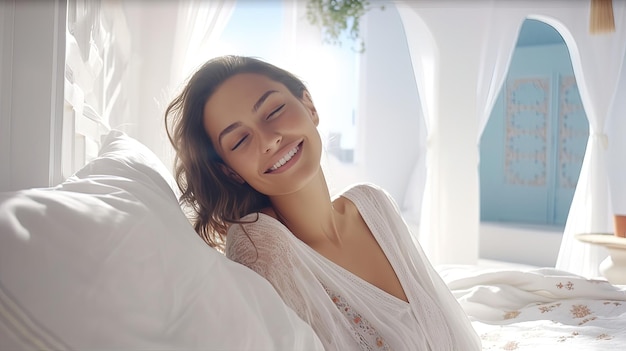 Portrait of a beautiful Moroccan girl in a white light oriental interior bedroom