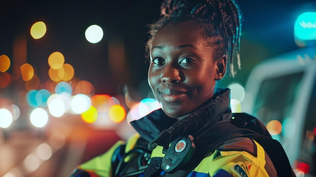 Portrait of Beautiful Multiethnic Female Paramedic Specialist on Late Night Shift Heroic Empowering Woman Smiling and Posing for Camera Reporting for Duty to Save Lives and Treat Emergencies