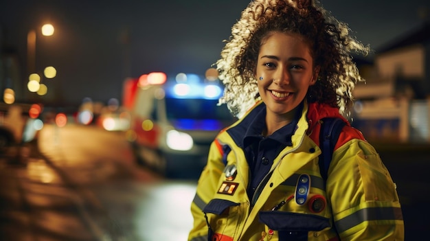 Portrait of Beautiful Multiethnic Female Paramedic Specialist on Late Night Shift Heroic Empowering Woman Smiling and Posing for Camera Reporting for Duty to Save Lives and Treat Emergencies