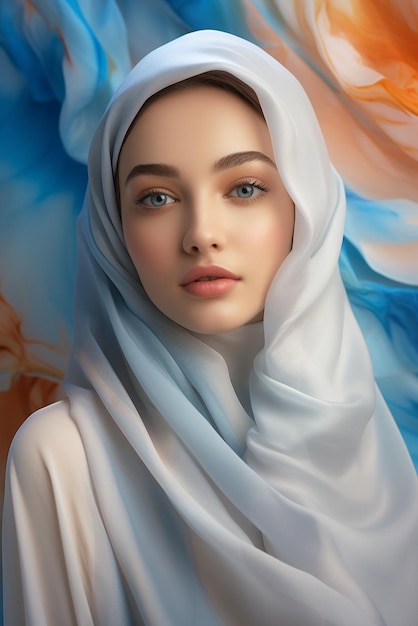 히자브를 입은 아름다운 무슬림 여성의 초상화 파란 눈의 무슬림 소녀 아름다움 패션