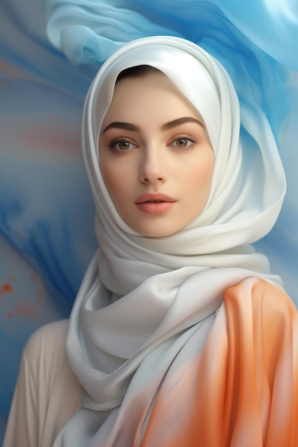 히자브를 입은 아름다운 무슬림 여성의 초상화 파란 눈의 무슬림 소녀 아름다움 패션