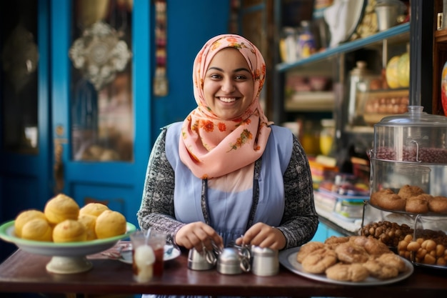 히잡을 쓰고 빵집 테이블에 앉아 있는 아름다운 이슬람 여성의 초상화