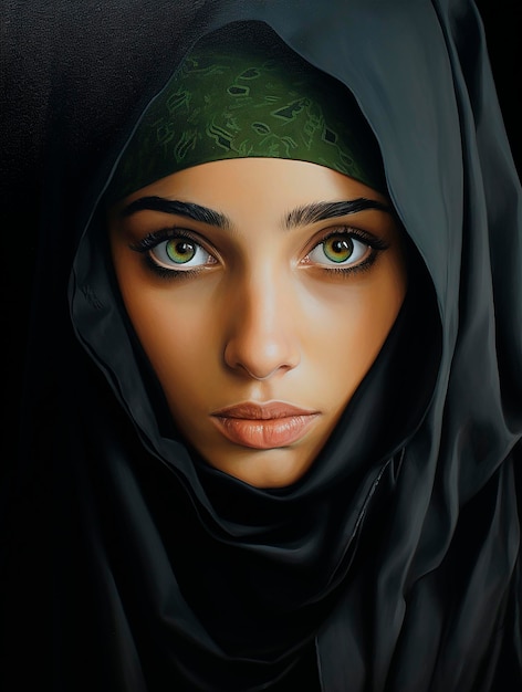 Portrait of beautiful muslim woman with green eyes and black hijab