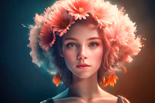 Portrait of a beautiful and mysterious girl in a beautiful wreath of flowers on her head