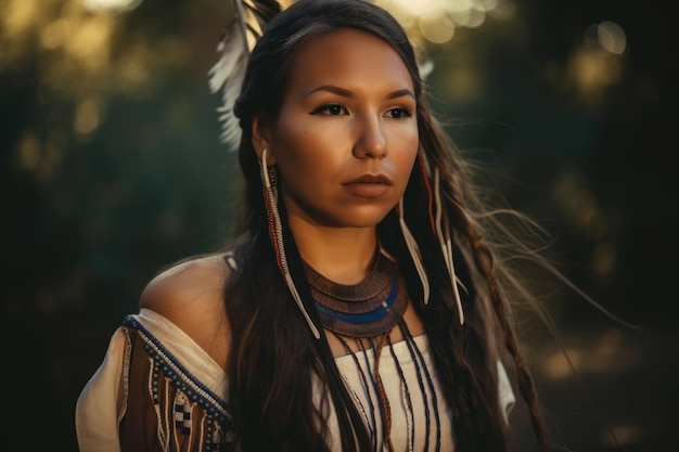 Portrait of a beautiful Native American woman with long braided hair adorned with feathers