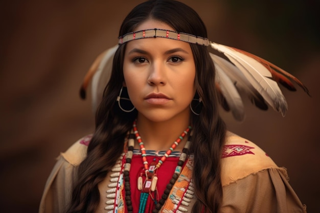 Portrait of a beautiful Native American woman with long braided hair adorned with feathers
