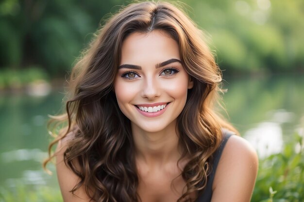 Photo portrait of beautiful naturally woman smiling and looking in camera