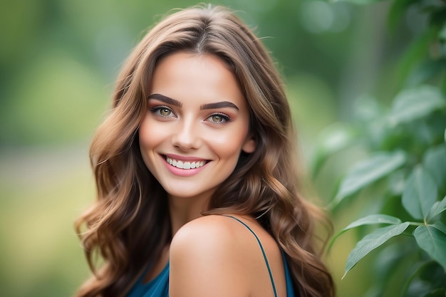 Foto ritratto di una donna bellissima che sorride e guarda la telecamera