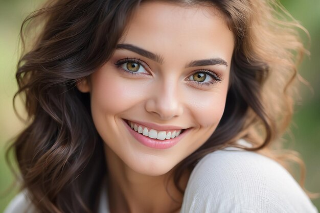 Photo portrait of beautiful naturally woman smiling and looking in camera