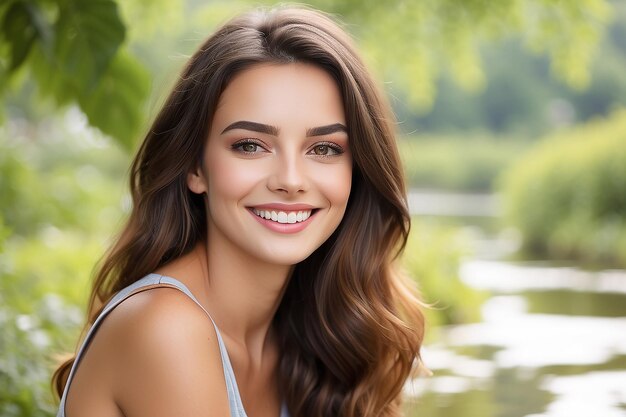 Foto ritratto di una donna bellissima che sorride e guarda la telecamera