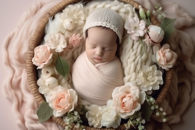 헤드밴드를 착용하여 잠을 자는 아름다운 신생 혼혈 히스패닉 백인 아기 소녀의 초상화