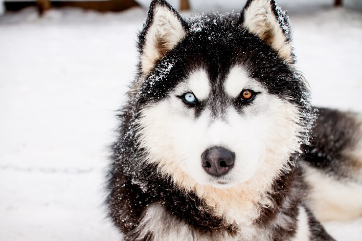 Photo portrait of a beautiful northern dog of the husky breed.