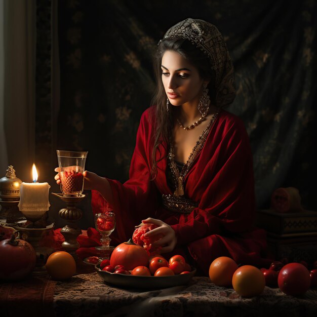 Portrait of a beautiful oriental girl with a pomegranate is a traditional Yalda night Candles food