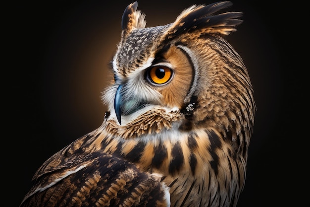 Portrait of a beautiful owl on a black background with copy space Generative AI