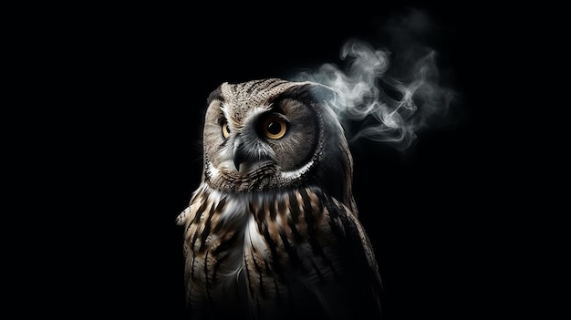 Portrait of a beautiful owl with smoke on a black backgroundgenerative ai