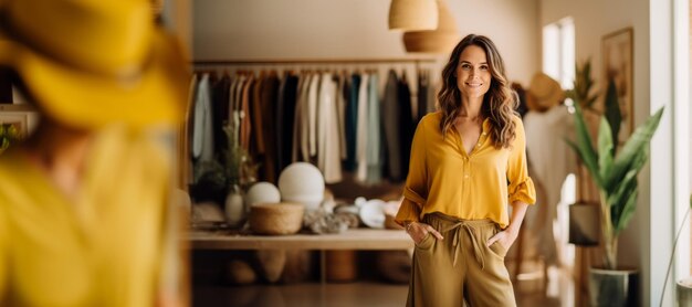 Portrait of beautiful owner or manager in a women's clothing store caucasian woman against the background of racks with stylish clothes successful small business in a beauty and fashion industry