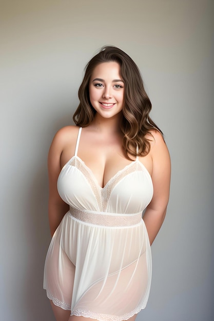 Portrait of a beautiful plus size woman in white lingerie