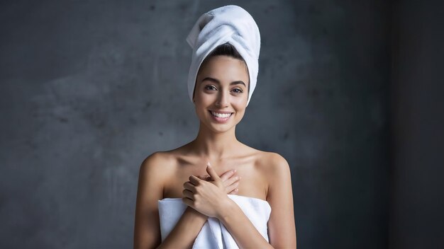 Portrait of a beautiful posh young woman after bath standing covered in towel