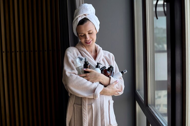 Photo portrait of a beautiful pregnant woman in bathrobe and towel wit