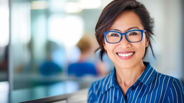 Portrait of Beautiful pretty Asian woman with stylish hair Businesswoman looks at the camera and smiles White Office background Copy space Ai generative