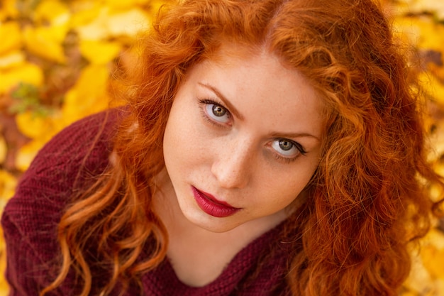 Portrait of a beautiful red-haired girl in yellow leaves