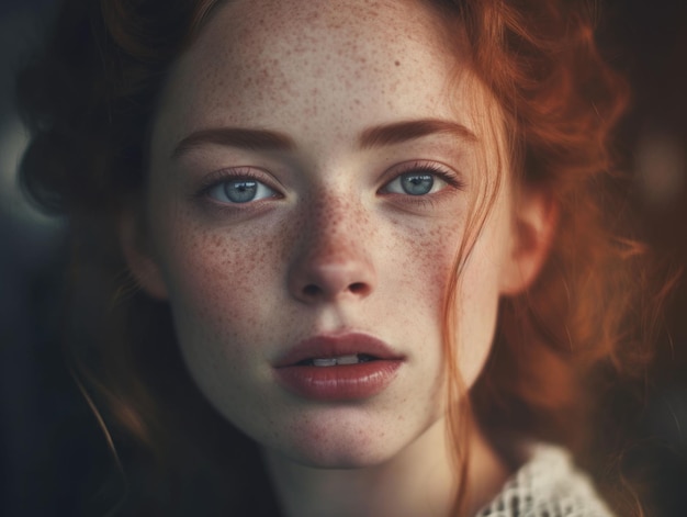 Portrait of a beautiful red-haired woman with blue eyes and freckles. AI-generated.