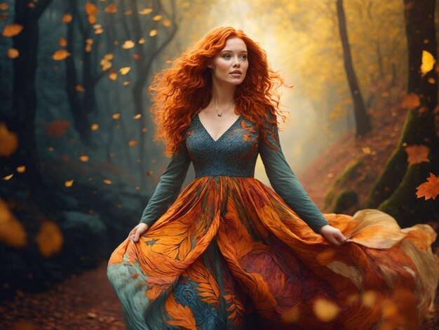 Portrait of a beautiful redhaired girl in the autumn forest Generative AI