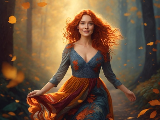 Portrait of a beautiful redhaired girl in the autumn forest Generative AI