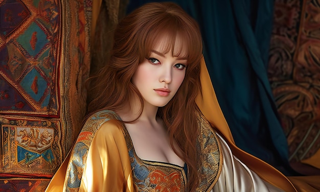 Portrait of a beautiful redhaired girl in a golden dress