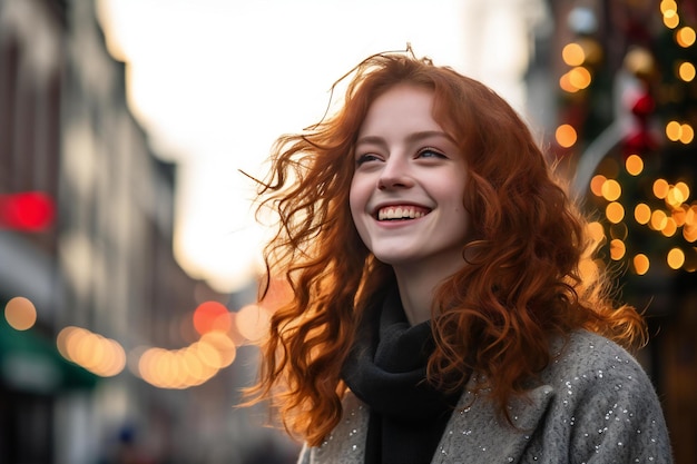 Portrait of a beautiful redhaired girl in a gray coat on the background of Christmas lights