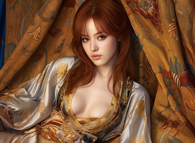 Portrait of a beautiful redhaired girl in a silk dress