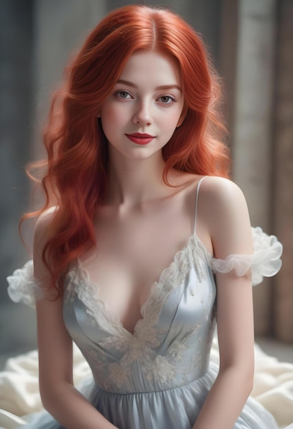 Portrait of a beautiful redhaired girl in a white dress