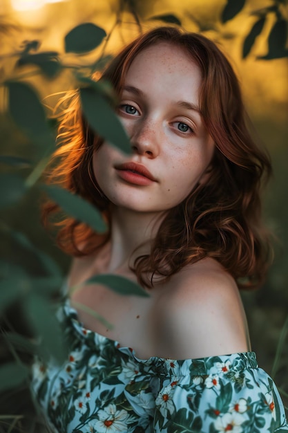 Photo portrait of a beautiful redhaired girl with freckles