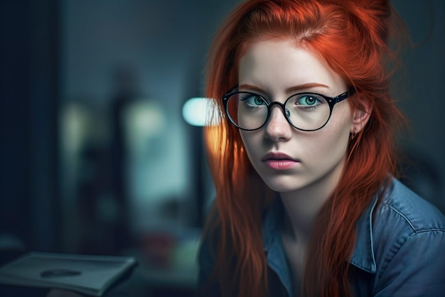 Portrait of a beautiful redhaired girl with glasses in the office Generative AI