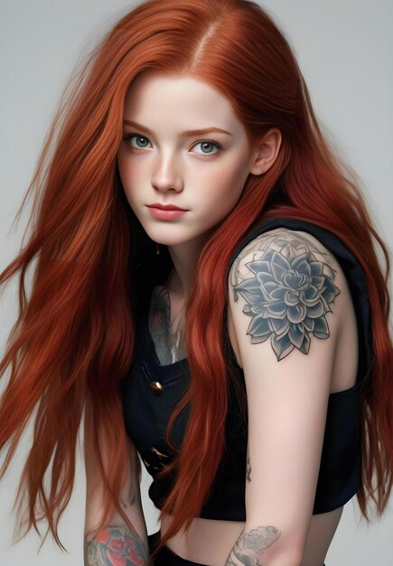 Portrait of a beautiful redhaired girl with tattoo on her arm