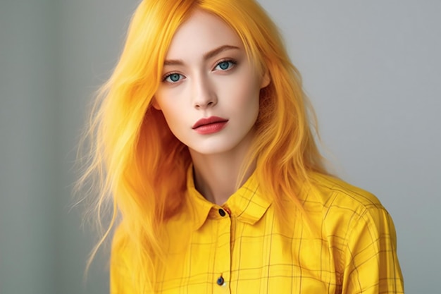 노란색 셔츠에 아름 다운 redhaired 여자의 초상화