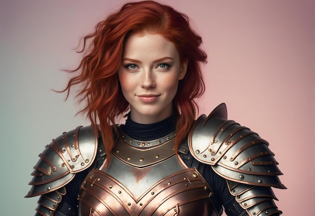 Portrait of a beautiful redhaired woman in armor Studio shot