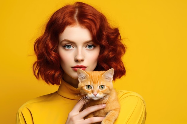 Portrait of a beautiful redhaired young woman and cute orange cat isolated on yellow background