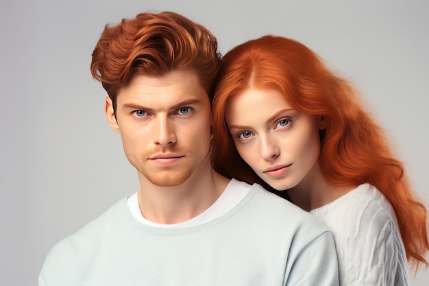 AI가 생성한 회색 스튜디오 배경에 격리된 아름다운 빨간 머리 커플의 초상화