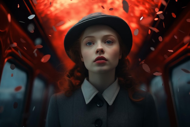 Portrait of a beautiful redhead girl in a hat on the background of a train Ai Generated