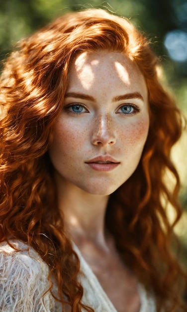 Portrait of a beautiful redhead girl with freckles on her face ai generative