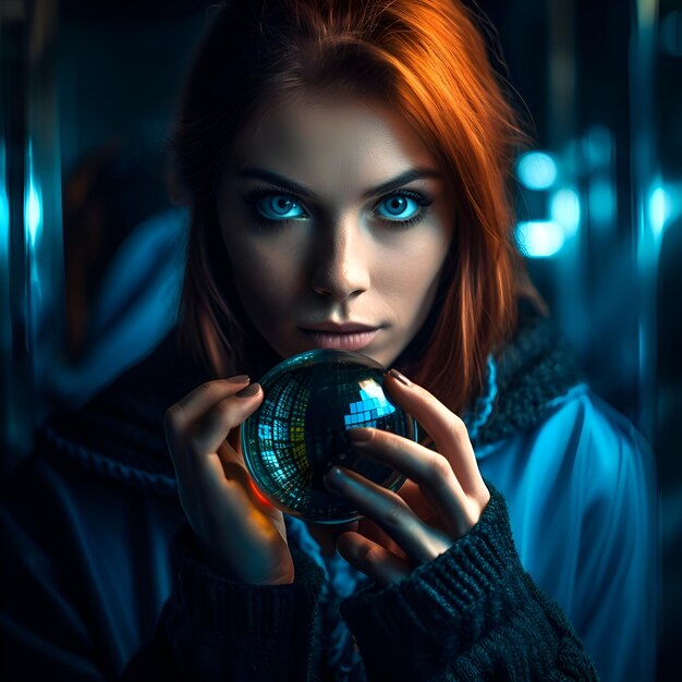 Portrait of a beautiful redhead girl with a globe in her hands